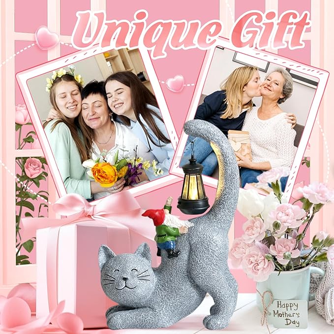 Cat Statue Garden Decor with Funny Gnome Figurine & Solar Lantern, Motherday Gifts for Mom,Birthday Gift for Women,Cat Statues for Garden,Patio,Yard Decoration, Gray, SR-C-003-VerdiqueGarden