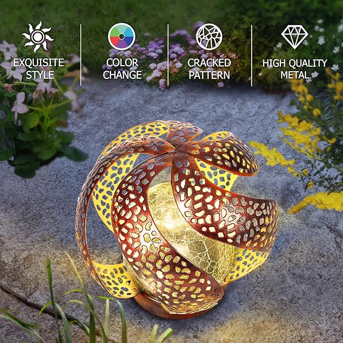 Huaxu Solar Lights Outdoor Garden Decor Waterproof Cracked Glass Globe LED Light Bronze Art Metal Retro Design Decorative Yard Patio Lawn Pathway Gift for Mom Women Anniversary Birthday-VerdiqueGarden