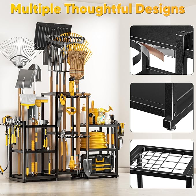 42" H Large Garden Tool Organizer, Holds Up to 86 Tools, Heavy Duty Yard Tool Organizer for Garage, 61“ Wide Lawn Freestanding Tool Storage Rack for Outdoor Shed Tool Rake, Shovel, Brooms-VerdiqueGarden