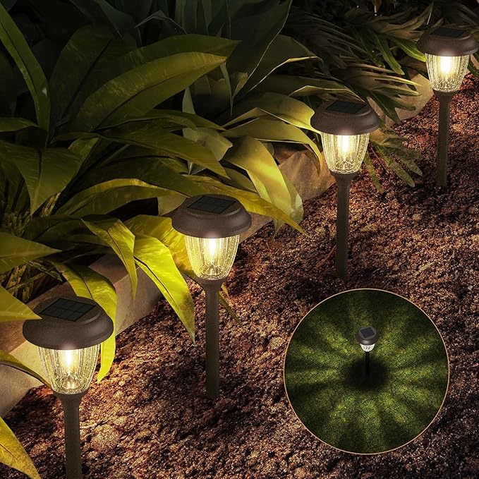 XMCOSY+ Solar Lights Outdoor 10/25 LM LED with 2 Lighting Modes, Solar Garden Lights Glass and Metal, IP65 Waterproof Solar Powered for Yard Pathway Walkway Driveway Patio (6 Pack, Warm White)-VerdiqueGarden