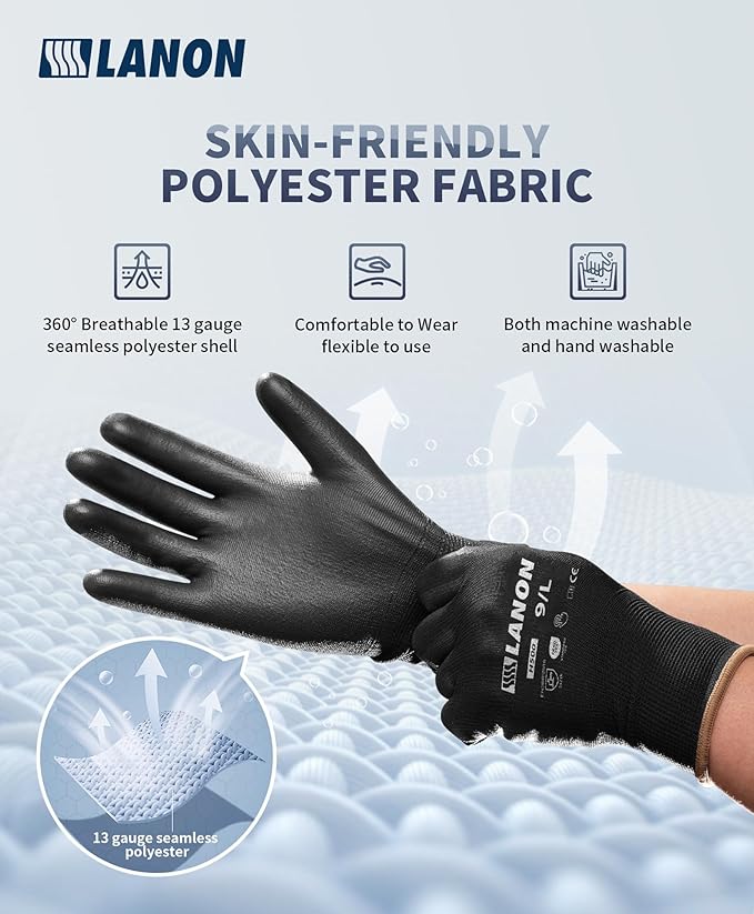 LANON Safety Work Gloves for Men and Women, 18 Pairs Mechanic Black Working Gloves with Grip Odorless PU Coated, Seamless Knit, Full Fingertip Touchscreen for Light Duty Working Gloves, Medium-VerdiqueGarden