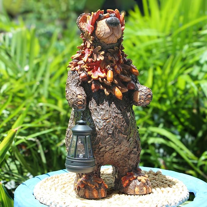 Solar Garden Statue Bear Figurine, Garden Art Outdoor Statues with Solar Lantern, Loving Bear for Patio, Balcony, Yard, Lawn, Unique Housewarming Gifts-VerdiqueGarden