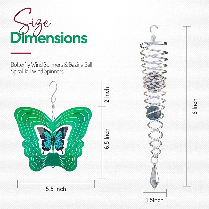 ISEO Butterfly Wind Spinner and Gazing Ball Set, Metal Wind Spinner Garden Decor, Hanging Garden Decorations, Weather-Resistant Outdoor Wind Spinners, 6.5" Spinner Garden Décor-VerdiqueGarden