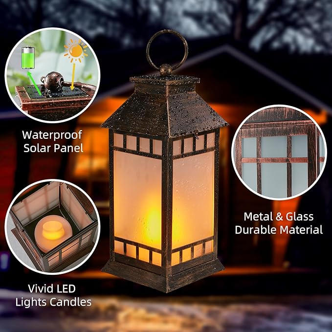18'' Glass Solar Lantern Outdoor Waterproof, Large Hanging Solar Lanterns with Flickering Flame Lights, Metal Outdoor Lantern Decorative for Patio Garden Backyard Tabletop, Vintage Bronze-VerdiqueGarden