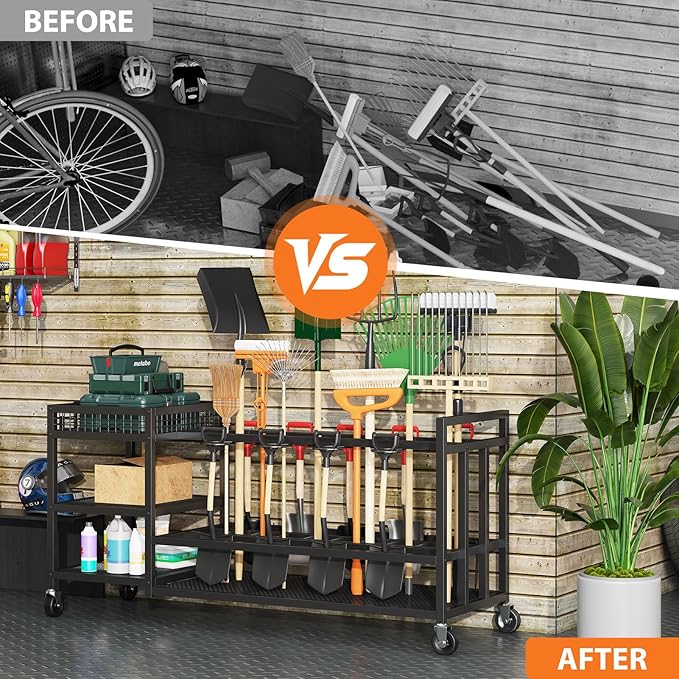 Garden Tool Organizer with Wheels-Movable Garden Tool Rack with Storage Hooks for Long-Handled Tools/Rakes/Brooms/Shovels,Heavy Duty Metal Garden Tool Storage for Garage,Shed,Garden,Black-VerdiqueGarden