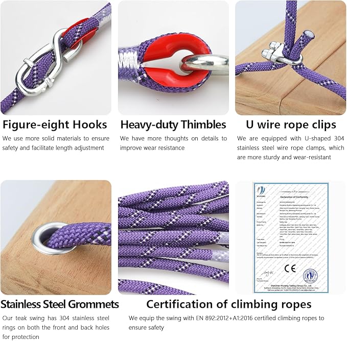 Teak Wooden Swing, Outdoor Wood Tree Swing Seat for Kids or Adults for Backyard Columpio, Height Adjustable (23.8x9inch)-VerdiqueGarden