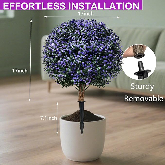 Set of 2 Artificial Boxwood Topiary Ball Trees Outdoor Faux Shrubs Artificial Boxwood Plants with Ground Spike, 24" Lavender Fake Evergreen Tree UV Resistant for Planter,Potted,Fall-VerdiqueGarden