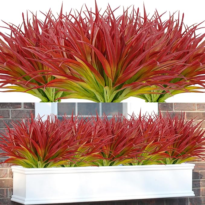16Pcs Artificial Grass Fake Plants 17.3in Outdoor Plants UV Resistant Greenery Stems Fake Grass for Home Window Garden Office Patio Pathway Front Porch Décor Light Green & Red-VerdiqueGarden