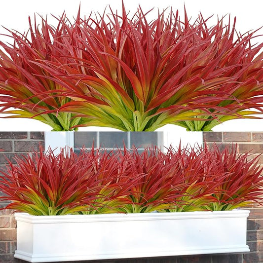 16Pcs Artificial Grass Fake Plants 17.3in Outdoor Plants UV Resistant Greenery Stems Fake Grass for Home Window Garden Office Patio Pathway Front Porch Décor Light Green & Red-VerdiqueGarden