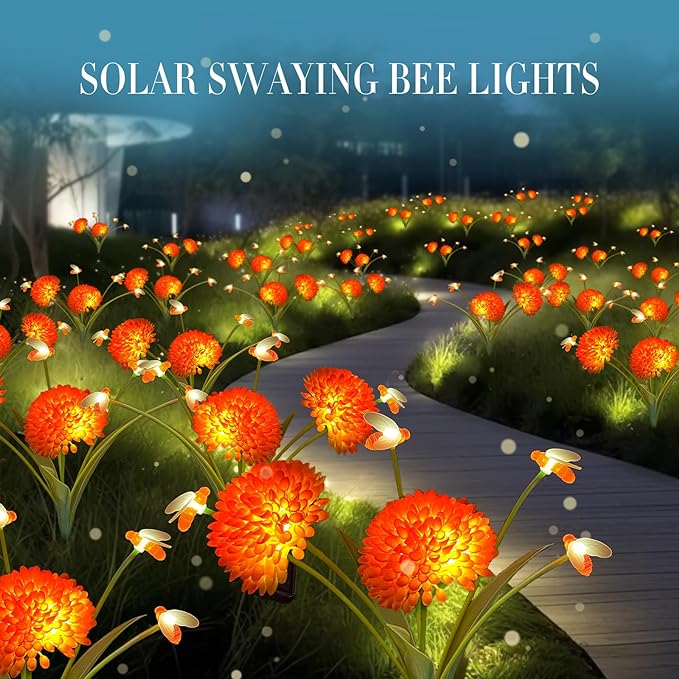Solar Garden Lights, 8 Pack Solar Swaying Bee Lights with Flowers, Waterproof Solar Firefly Lights Outdoor for Garden Patio Yard Pathway Fall Decoration, Gifts for Women Mother's Day-VerdiqueGarden