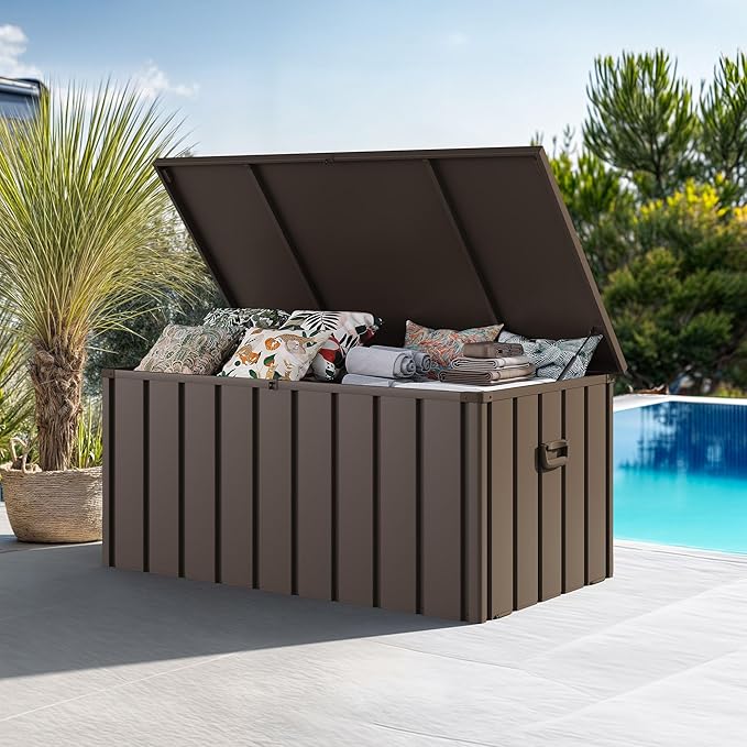 PURPLE LEAF Outdoor Deck Box 150 Gallon Waterproof Lockable Storage Box Container with Lid Deck Organization for Patio Cushions Side Table Pool Accessories Garden Tools, Brown-VerdiqueGarden
