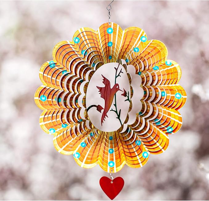 SteadyDoggie Wind Spinner - 12-Inch 3D Stainless Steel Lovebird Design with Heart Pendant - Laser Cut Metal Art Geometric Pattern - Hanging Kinetic Yard Garden Decor-VerdiqueGarden