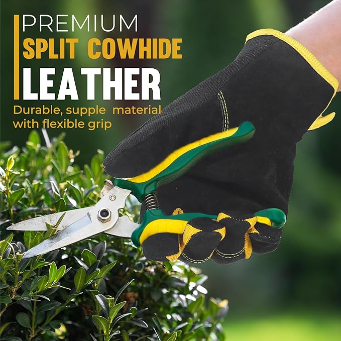 HANDLANDY Leather Work Gloves for Men & Women, Reinforced Durable Garden Gloves, Cowhide Working Glove for Gardening-VerdiqueGarden