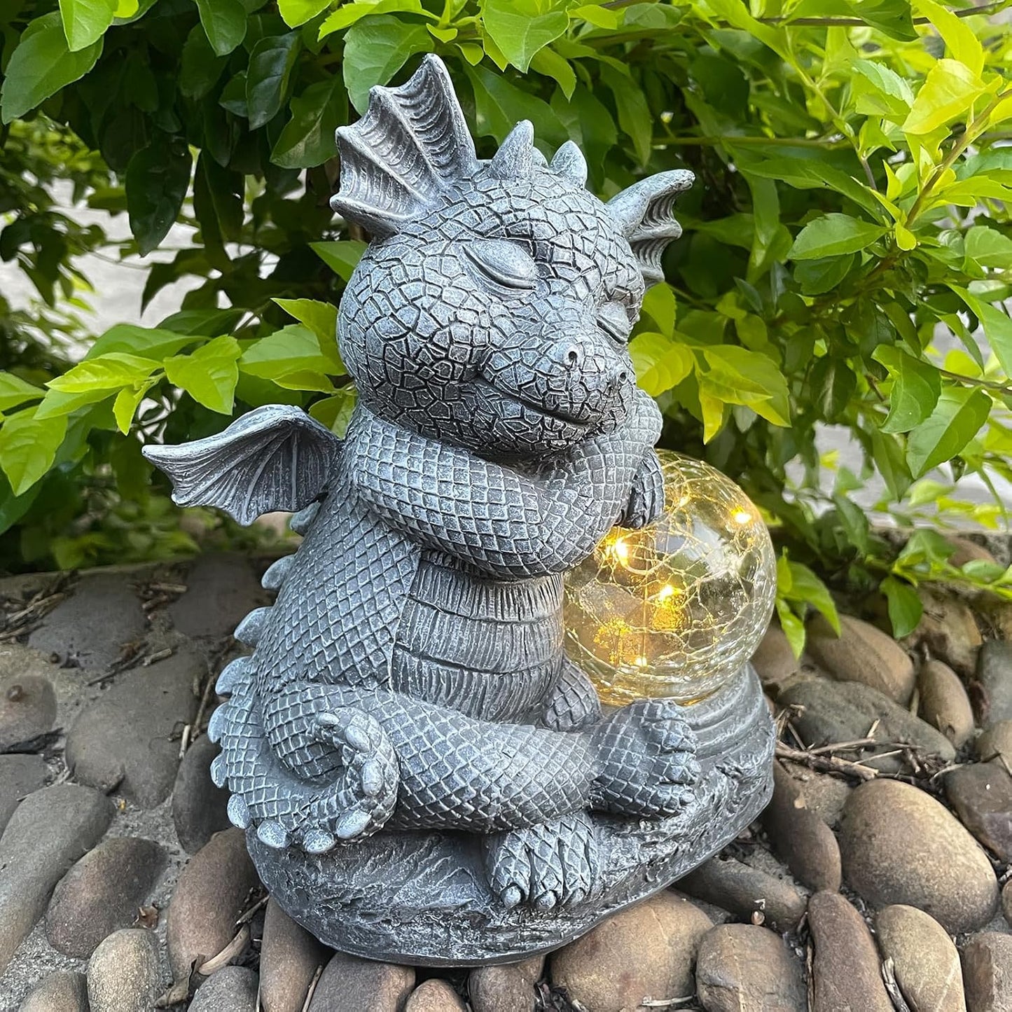 Garden Dragon Figurine Solar Powered Outdoor Cute Dragon with Hold Glowing Glass Ball Resin Sculpture for Porch Patio Lawn Farm Yard Home Decoration Gift for Women Housewarming-VerdiqueGarden