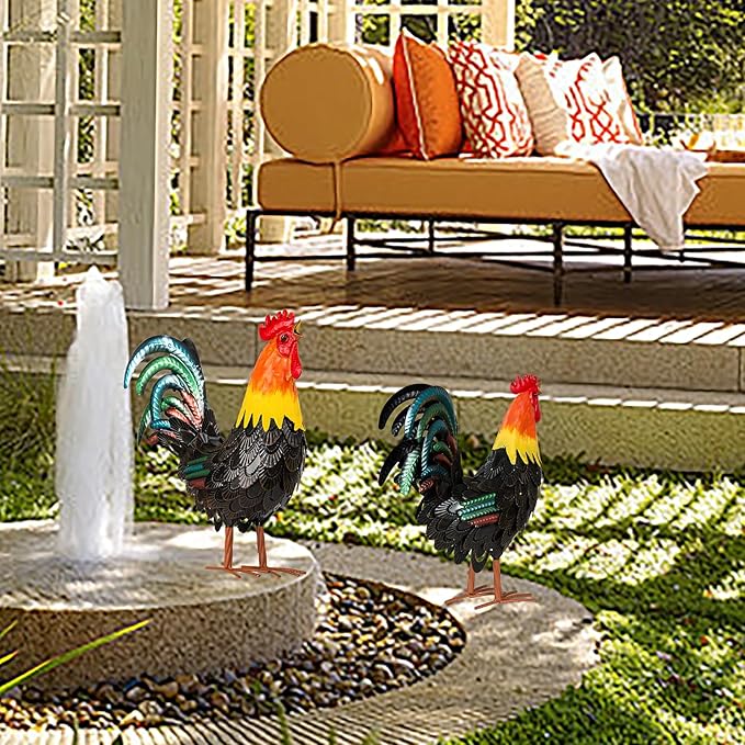 XONOR Metal Rooster Statues, Garden Chicken Decorations, Outdoor Chicken Sculpture, Metal Yard Rooster Artwork for Outdoor, Patio, Backyard and Home Kitchen Decoration (1pc, Dark Brown)-VerdiqueGarden