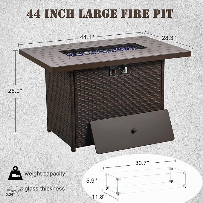 Propane Fire Pit Table,44 Inch 55000 BTU Outdoor Gas Fire Pit Rectangular with Glass Wind Guard for Outside Patio Deck (Brown-Aluminum Top)-VerdiqueGarden