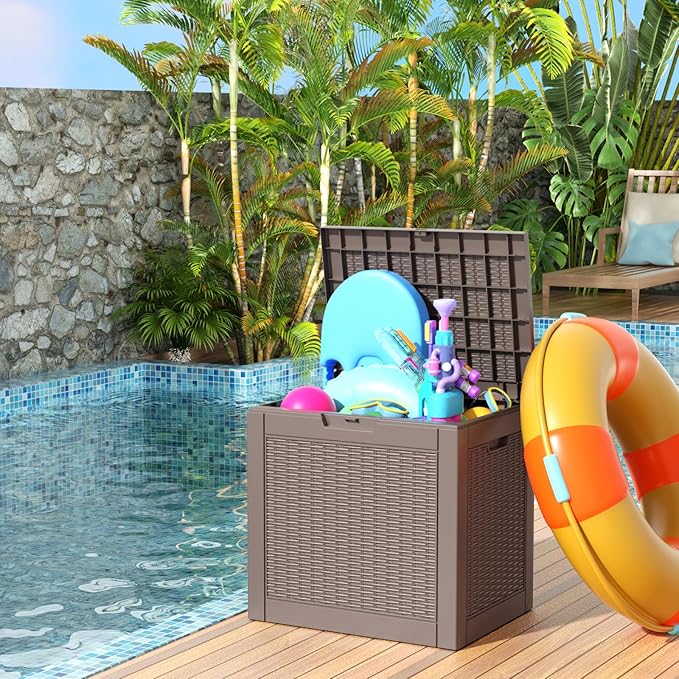 30 Gallon Resin Deck Box, Lockable Patio Outdoor Storage Box for Furniture, Garden Tools and Tools Storage, Waterproof Outside Storage Boxes - Grey-VerdiqueGarden