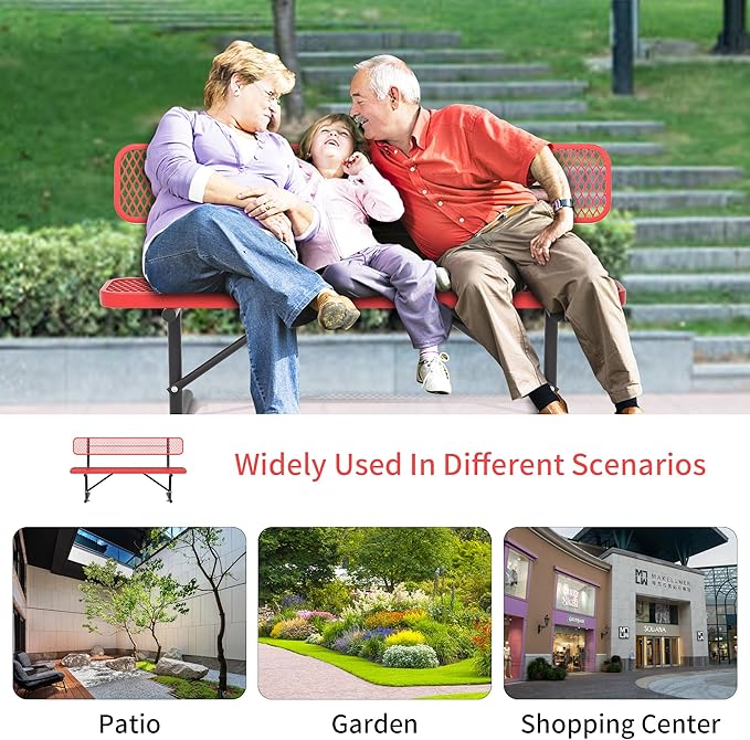 Heavy Duty Park Bench with Back Portable Frame, Outdoor Steel Bench with Backrest, Red Metal Bench Seat Expanded Metal Mesh Bench for Lawn, Park, Deck, Garden, Patio, Porch, Black (Red, 6FT)-VerdiqueGarden
