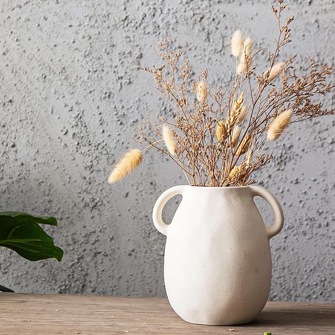 Kimdio White Ceramic Vase with 2 Handles – Sand-Glazed Clay Pottery Vase for Dried Flowers, Rustic Modern Table Decor, Farmhouse Boho Shelf Decoration-VerdiqueGarden