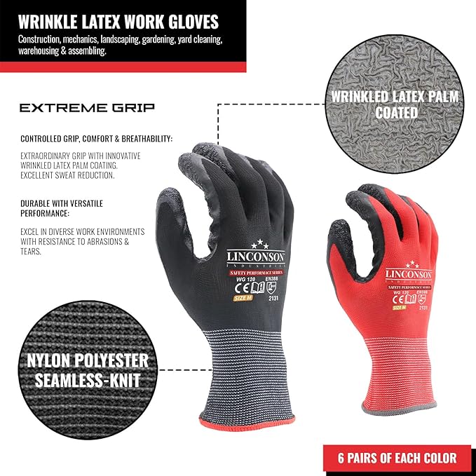 linconson 12 Pack Safety Performance Series Construction Mechanics Wrinkle Latex Work Gloves-VerdiqueGarden