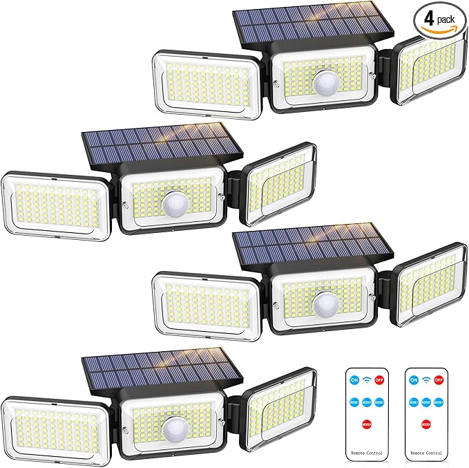Solar Lights Outdoor Waterproof, Motion Sensor & Flood Outdoor Lights with Remote Control, 4 Adjustable Modes, 3000LM & 218 LED, High-Energy-Density Solar Panel-Monocrystalline Technology, 4 Pack-VerdiqueGarden