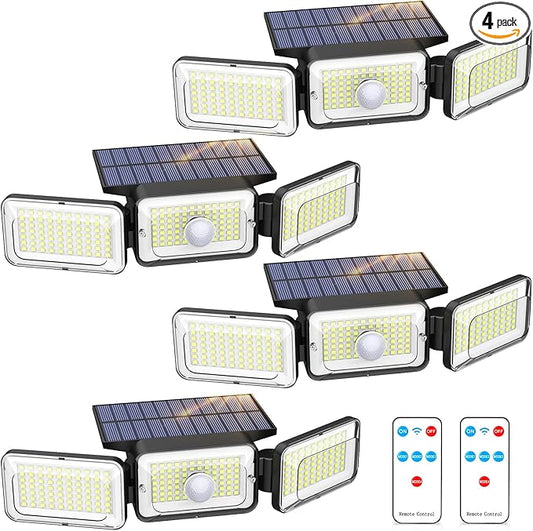 Solar Lights Outdoor Waterproof, Motion Sensor & Flood Outdoor Lights with Remote Control, 4 Adjustable Modes, 3000LM & 218 LED, High-Energy-Density Solar Panel-Monocrystalline Technology, 4 Pack-VerdiqueGarden