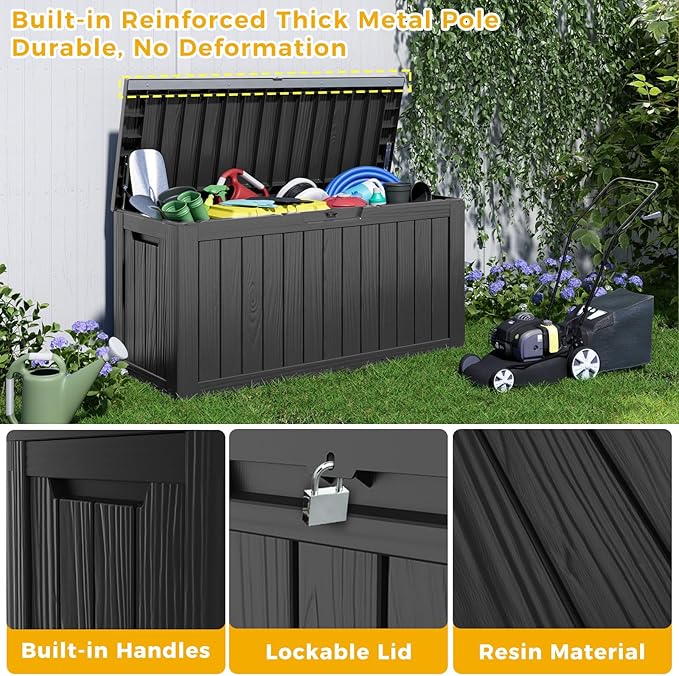 80 Gallon UV Resistant Outdoor Storage Box Waterproof, Lockable Resin Deck Box for Garden Tools, Sports Equipment and Cushions, Black-VerdiqueGarden
