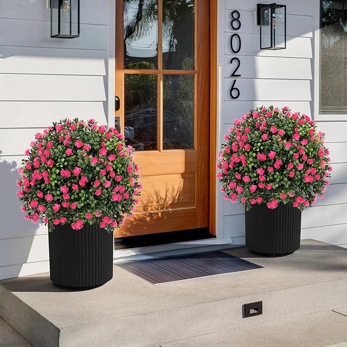 Artificial Pink camellia Topiary Ball Tree 25" with Ground Spike, Set of 2 Artificial Boxwood Bushes for Faux Shrubs, Fake Evergreen Faux Plant for Indoor Outdoor Garden -UV Resistant–Fade-Proof-VerdiqueGarden