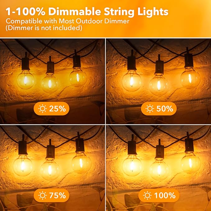 Brightown Led String Lights Outdoor 100Ft Waterproof G40 Patio Lights with 104(4 Spare) Led Shatterproof Bulbs, Led Globe Hanging Lights for Porch Bistro Balcony Backyard Decor, E12 Socket, 2200K-VerdiqueGarden