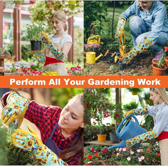 DLY Gardening Gloves for Women, Rose Gloves Gardening Thorn Proof, Long Garden Gloves for Women, Breathable Cowhide Leather Gauntlet (Small, Blue-VerdiqueGarden