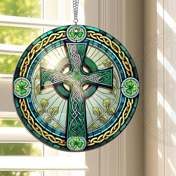 St Patricks Day Decorations - Irish Gifts for Men Women Friends Family, St Patricks Day Accessories, Celtic Cross Home Decor - Double Layered Hanging Suncatcher 8 in-VerdiqueGarden