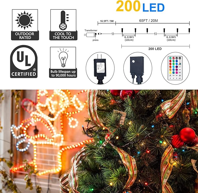 weillsnow Color Changing Christmas Lights, 66ft 200 LED RGB String Lights with Remote & Timer, Fairy Lights for Indoor Outdoor Xmas Tree Party Wedding Christmas Decorations-VerdiqueGarden