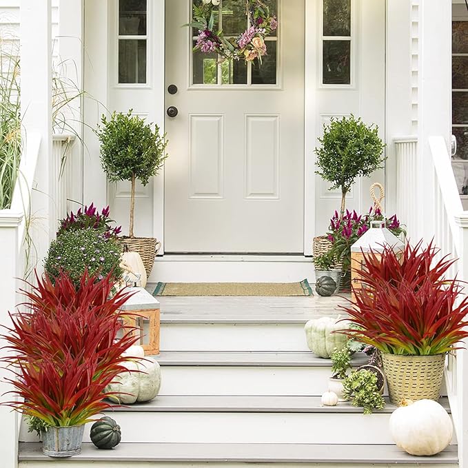 16Pcs Artificial Grass Fake Plants 17.3in Outdoor Plants UV Resistant Greenery Stems Fake Grass for Home Window Garden Office Patio Pathway Front Porch Décor Light Green & Red-VerdiqueGarden