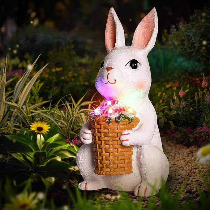 Brightever Solar Powered Garden Statues- Bunny Figurines for Spring & Easter Decor, Outdoor Rabbit Statue with Colorful LED Lights for Patio, Balcony, Lawn, Birthday Gifts for Women, Mom, Grandma-VerdiqueGarden