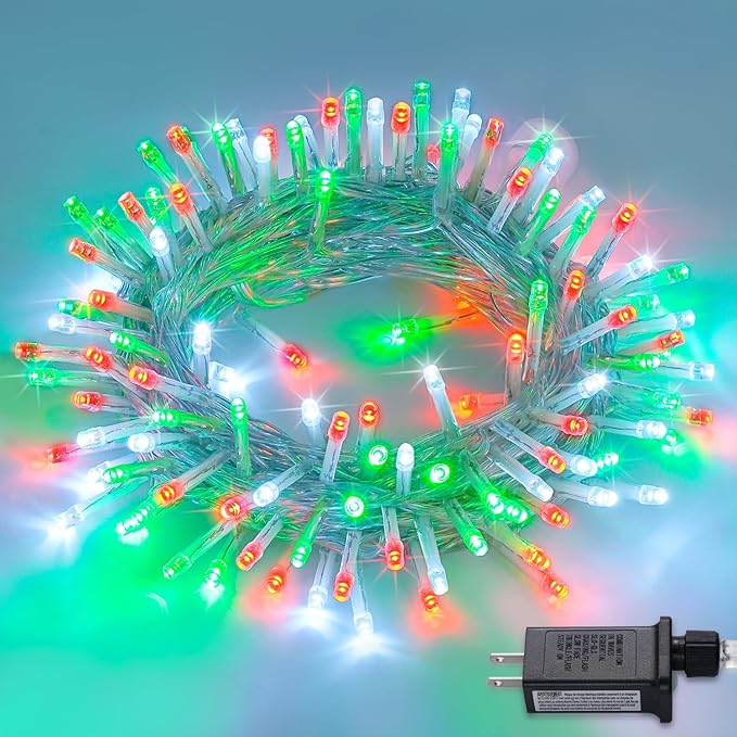 JMEXSUSS Connectable Red White and Green Christmas Lights, 8 Modes 100 LED Twinkle String Lights Indoor, Clear Wire Plug-in String Lights Outdoor Waterproof-VerdiqueGarden
