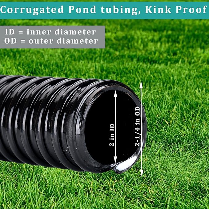 Pond Hose ID 2” × 25ft Black Corrugated Flexible Reinforced PVC Hose Vinyl Tubing for Pond Pump Fountain Garden Waterfall, Non-toxic & Kinkproof, with 2 clamps-VerdiqueGarden