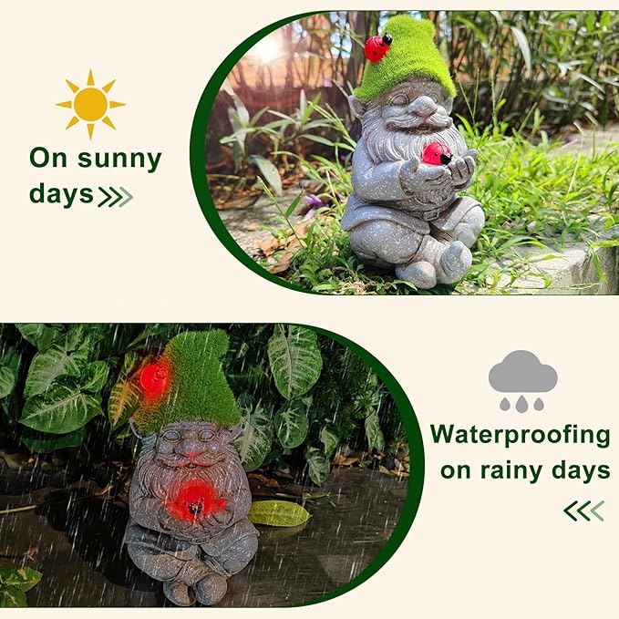 Solar Gnomes Garden Statues, Outdoor Lighted Gnome with Ladybugs Garden Decor Waterproof Figurines for Patio Porch Balcony Yard Lawn Lantern, Yard Art Decorations Gifts for Garden Patio Lawn-VerdiqueGarden