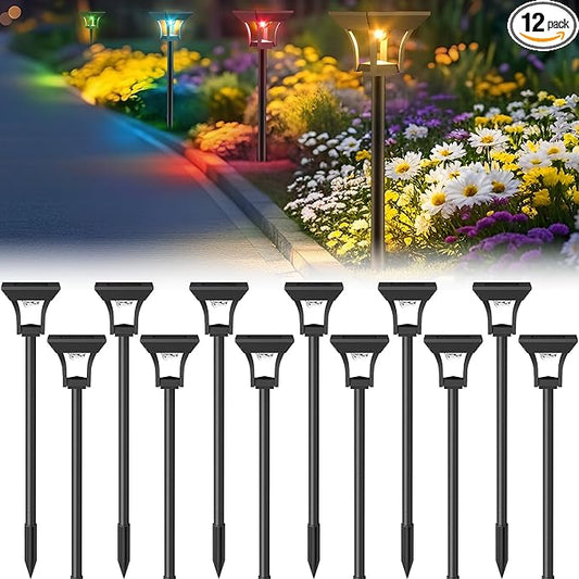 CINOTON 12 Pack RGBCW Solar Pathway Outdoor Lights, 3 Lighting Modes Solar LED Garden Lights, IP65 Waterproof Outside Solar Powered Landscape Lighting for Planter Lawn Pool Balcony RGB/Warm/Cold White-VerdiqueGarden