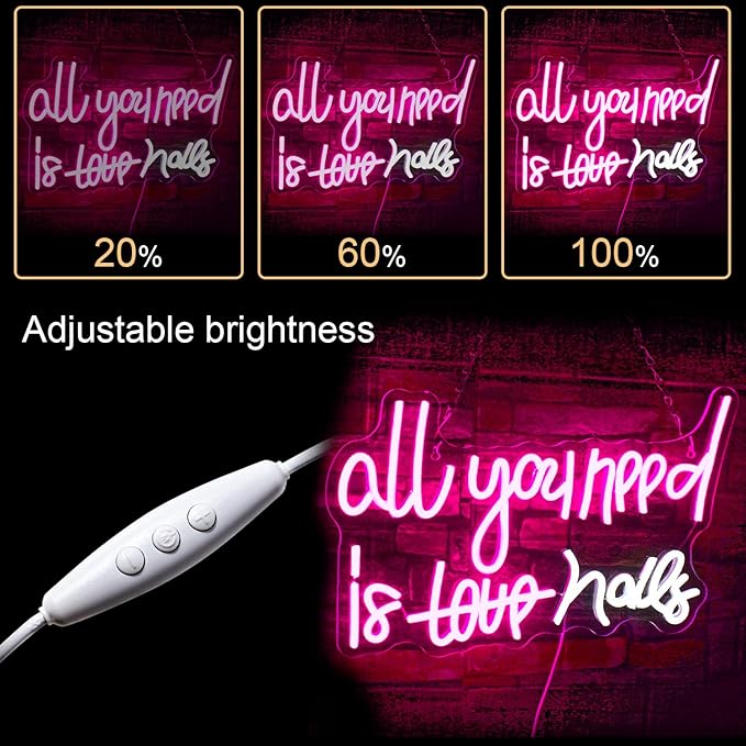WLHOPE All You Need is Nails Neon Sign, Nail Neon Signs for Wall Decor, Pink Led Signs USB Connectivity Nails Light Up Signs for Bedroom Home Bar Girls Room Beauty Shop Nails Room, Gift for Girls-VerdiqueGarden