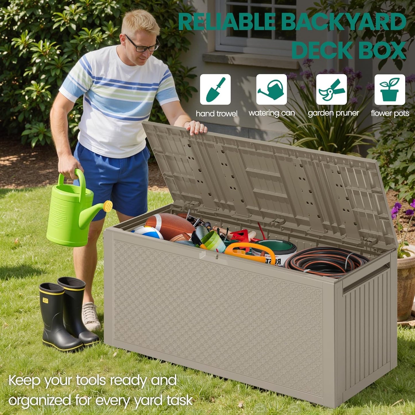90 Gallon Outdoor Deck Box, Waterproof Outdoor Storage Box, Durable Resin Bin for Patio Cushions, Garden Tools and Pool Accessories, Lockable with UV Protection, Khaki, Patio Furniture-VerdiqueGarden