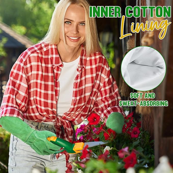 HANDLANDY Leather Gardening Gloves, Thorn Proof Long Gauntlet Heavy Duty Garden Gloves, Elbow Length Rose Pruning Weeding Yard Glove (Small, Green)-VerdiqueGarden