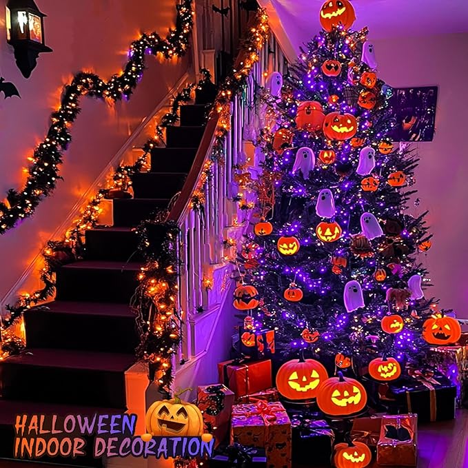 JMEXSUSS Halloween Decoration Lights, 200 LED Orange Purple Halloween Lights Clear Wire, 11 Modes Connectable Halloween String Lights Indoor Outdoor Plug in for Halloween Tree Decorations-VerdiqueGarden