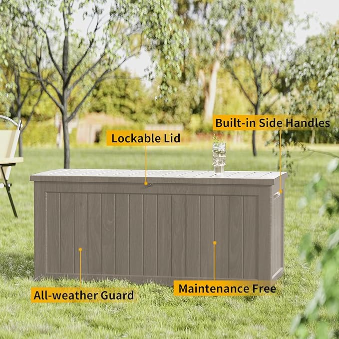 270 Gallon Outdoor Storage Box Patio Deck Box Waterproof, Resin Lockable Outside Large Storage Bin for Pool Cushion Furniture, Garden Tools UV-Resistant, Grey-VerdiqueGarden