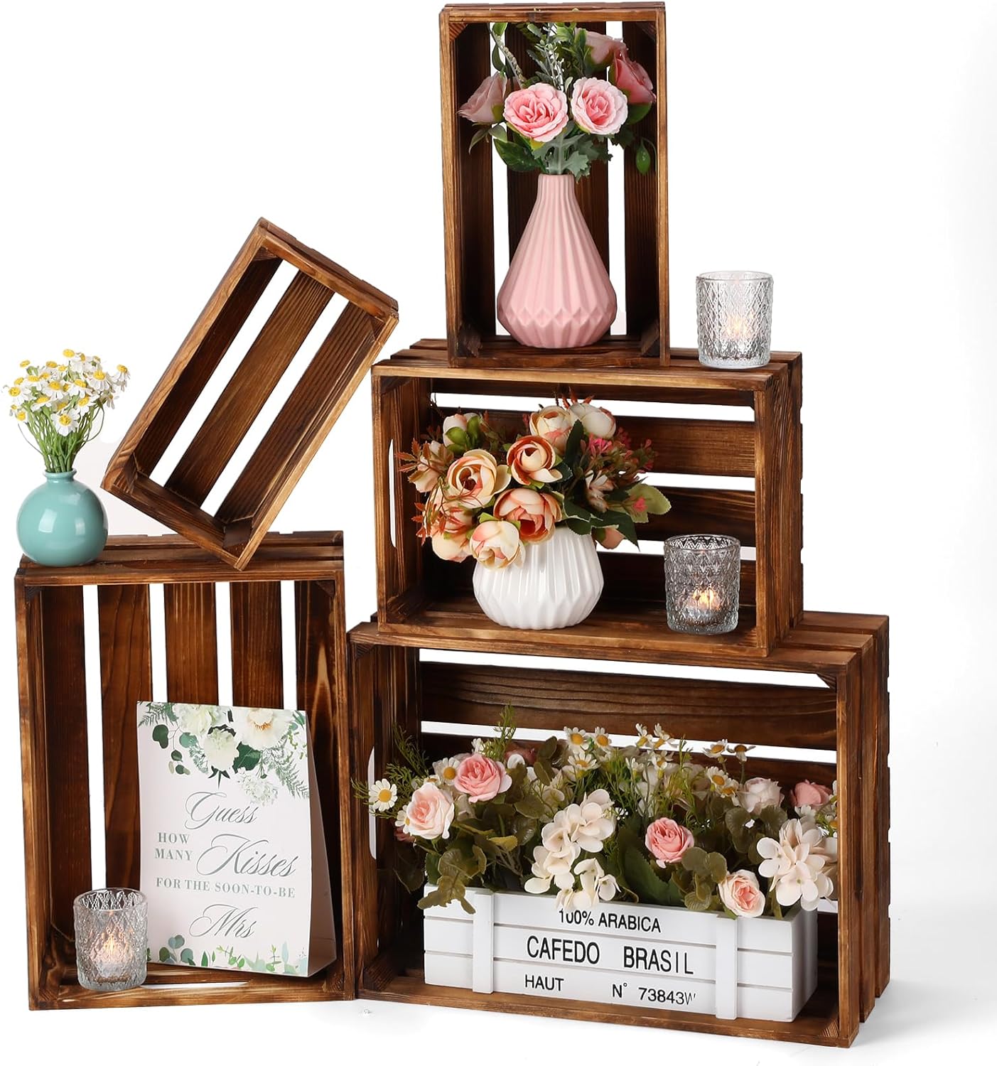 Soaoo 5 Pcs Decorative Nesting Wooden Crates for Storage Display 5 Size Large Small Rustic Wood Decorative Storage Crates with Handle Farmhouse Crate Box Container Made from Pine(Vintage Brown)-VerdiqueGarden