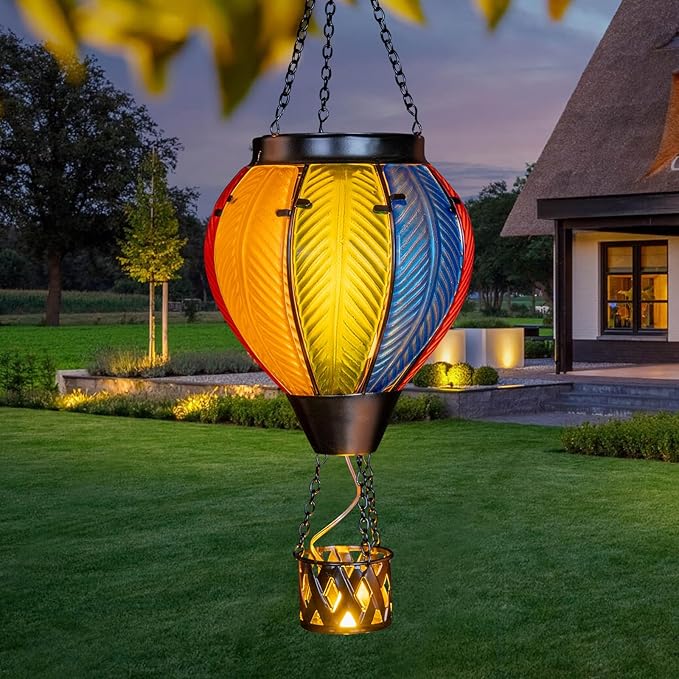 Hot Air Balloon Solar Lantern with Flickering Flame, Hanging Solar Lantern Metal Outdoor Waterproof Lights for Garden Yard Porch Patio Decorations Christmas Gifts (Multi-Colored Glass)-VerdiqueGarden