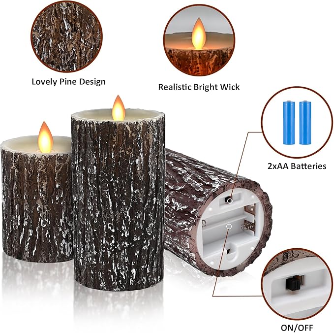 JOSU LED Flameless Candles Pine Bark Effect, Battery Operated Candles with Remote Control, LED Fake Candles, 4" 5" 6" Pack of 3, for Wedding Decor, Table Decor, Home Decoration Gifts (Pine Bark)-VerdiqueGarden