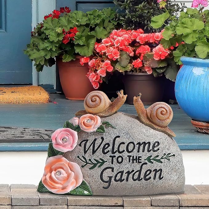 Snail Garden Statue Outdoor Decor Art Solar LED Light Welcome Sign Sculpture Auspicious Snail Resin Figurine Yard Porch Patio Lawn Decorations Housewarming Gifts for Mom Grandma Women-VerdiqueGarden