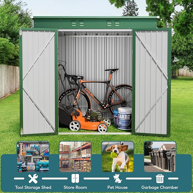 Gizoon 6' x 4' Outdoor Storage Shed with Double Lockable Doors, Anti-Corrosion Metal Garden Shed, Waterproof Shed Outdoor Storage Clearance for Backyard Patio Lawn-Green-VerdiqueGarden