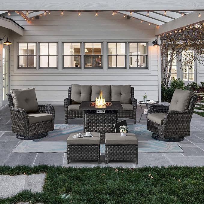 Outdoor Patio Furniture Set with Propane Fire Pit Table, 7 Pieces Wicker Patio Conversation Set with 2 Swivel Glider Rocker Chair Rattan Sofa Grey Cushion Perfect for Casual Gathering-VerdiqueGarden