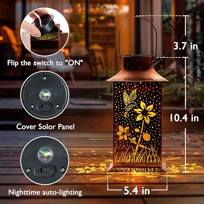 Homemory Hummingbird Solar Lanterns Waterproof, Metal Hanging Hollowed-Out Metal Decor Lantern, LED Outdoor Decoration for Outside LED Lanternse for Yard, Backyard, Porch, Lawn-VerdiqueGarden
